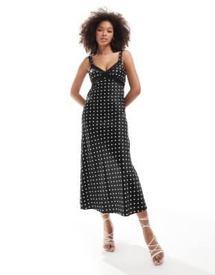 Miss Selfridge - Träger-Maxikleid aus Satin- und Spitzenmix mit Punktemuster-Schwarz