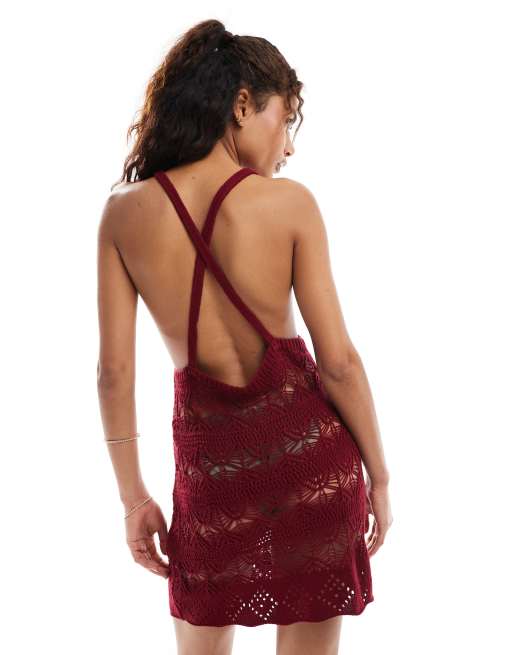 Miss Selfridge – Trägerkleid aus Häkelstrick in Burgunderrot, 3 von 4