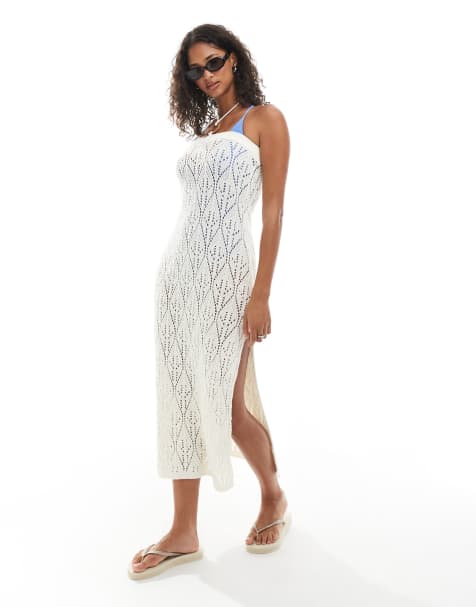 Miss Selfridge – Trägerloses Maxikleid aus Häkelstoff in Creme mit Ringdetail - view 1