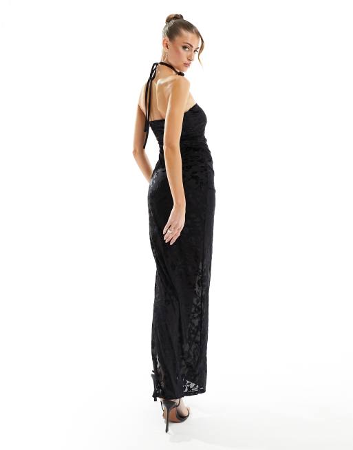 Miss Selfridge – Trägerloses Maxikleid mit Ausbrenner-Blumenmuster und Ansteckblume in Schwarz, 3 von 4