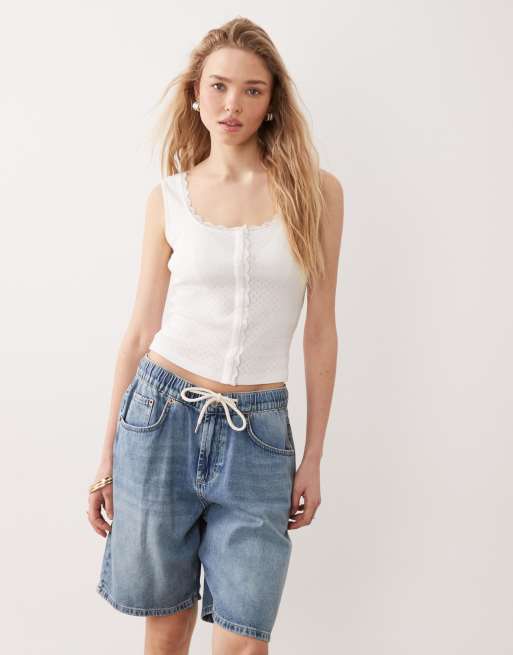 Miss Selfridge – Trägertop aus Pointelle in Weiß mit Knopfleiste und Spitzenborte, 3 von 4
