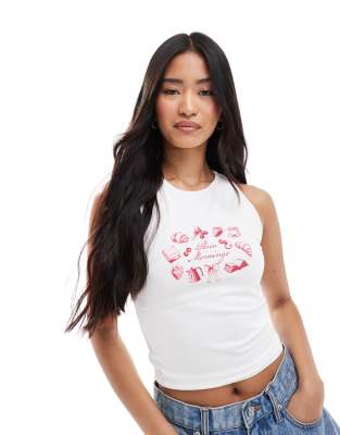 Miss Selfridge - Trägertop in Weiß mit „Slow Mornings"-Print