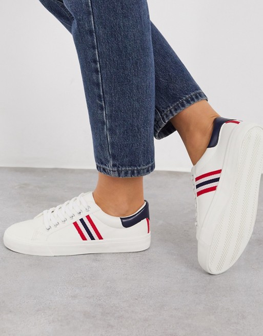 Miss Selfridge trainers with red and navy stripes in white