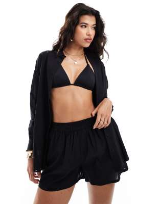 Miss Selfridge - Transparente Strand-Hemdbluse in Schwarz mit Oversize-Schnitt