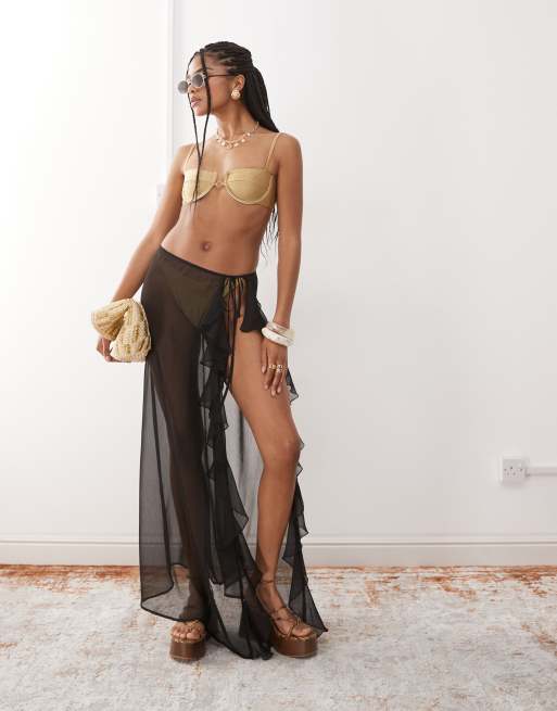 Miss Selfridge – Transparenter Strand-Sarong aus Chiffon in Schwarz mit Rüschendetail und Bindebändern, 5 von 5