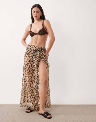 Transparenter Strand-Sarong aus Chiffon mit Rüschendetail und Leopardenmuster-Bunt Bunt S
