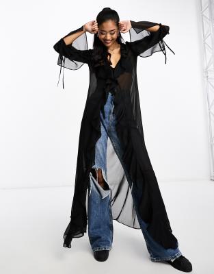 Miss Selfridge - Transparentes Chiffon-Maxi-Oberteil in Schwarz mit Rüschen und Bindedetail vorn