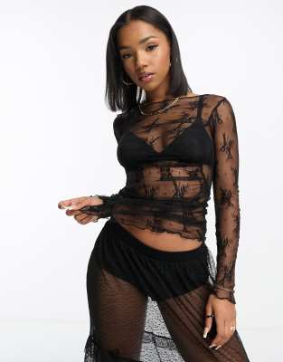 Miss Selfridge – Transparentes, langärmliges Oberteil aus Spitze in Schwarz