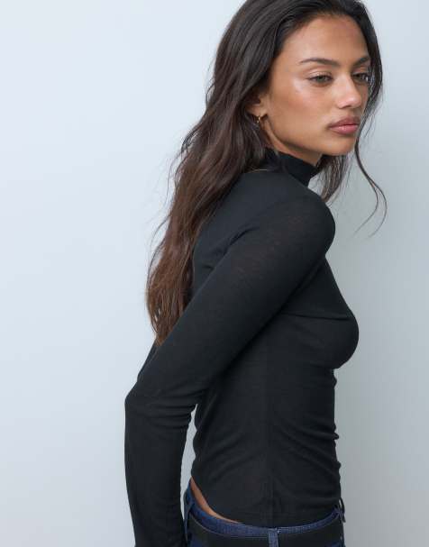 Miss Selfridge transparentes Oberteil mit hohem Kragen in Schwarz - view 1