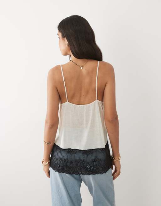 Miss Selfridge – Transparentes Strick-Camisole in Cremeweiß mit farblich abgesetzter Spitze, 3 von 4