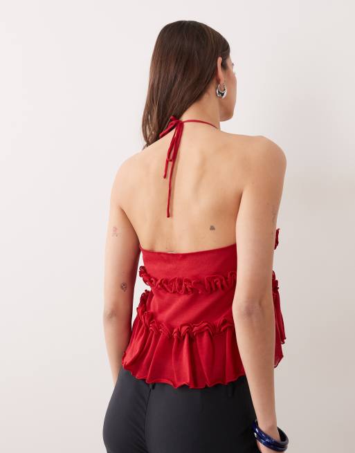 Miss Selfridge – Transparentes Strick-Camisole in Rot mit Rüschen, 4 von 4