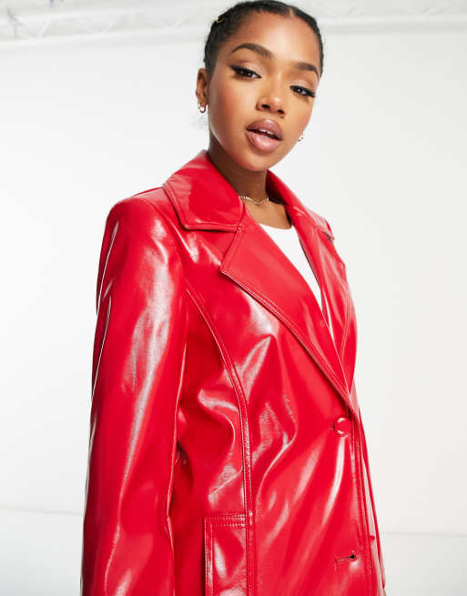 Veste Cuir Trench Coat Rouge Femme Blouson Cuir Longue Veste Rouge