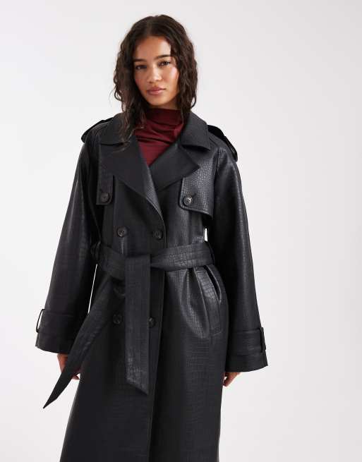 Miss Selfridge - Trenchcoat van craquelé imitatieleer in zwart, 3 van 4