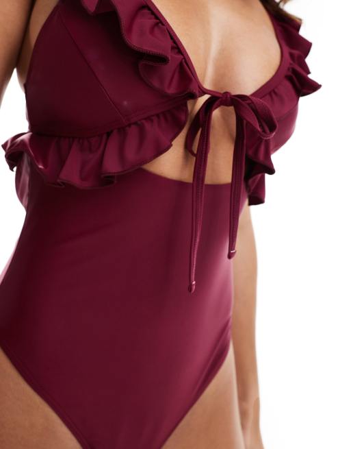 Miss Selfridge - Triangel badpak met ruches en uitsnijding in bordeauxrood, 2 van 4