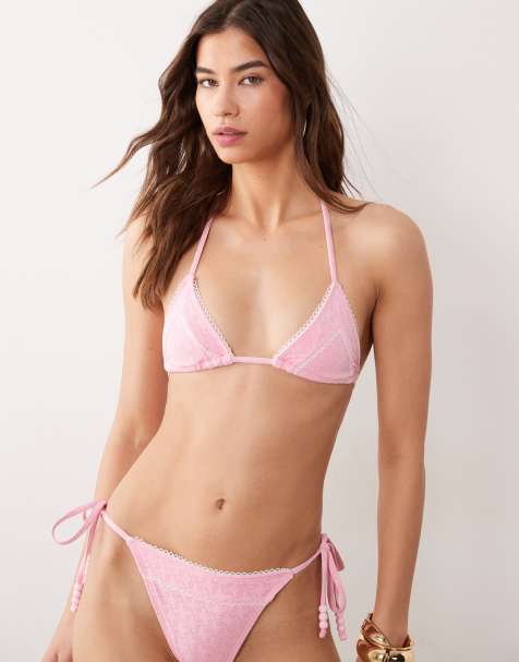 Miss Selfridge – Triangel-Bikinioberteil aus Pointelle in Rosa mit Spitzenbesatz - view 1