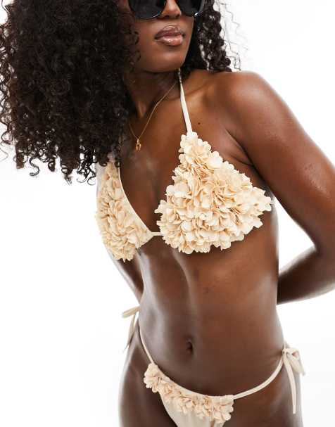 Miss Selfridge triangle corsage bikini top in pale pink - view 1