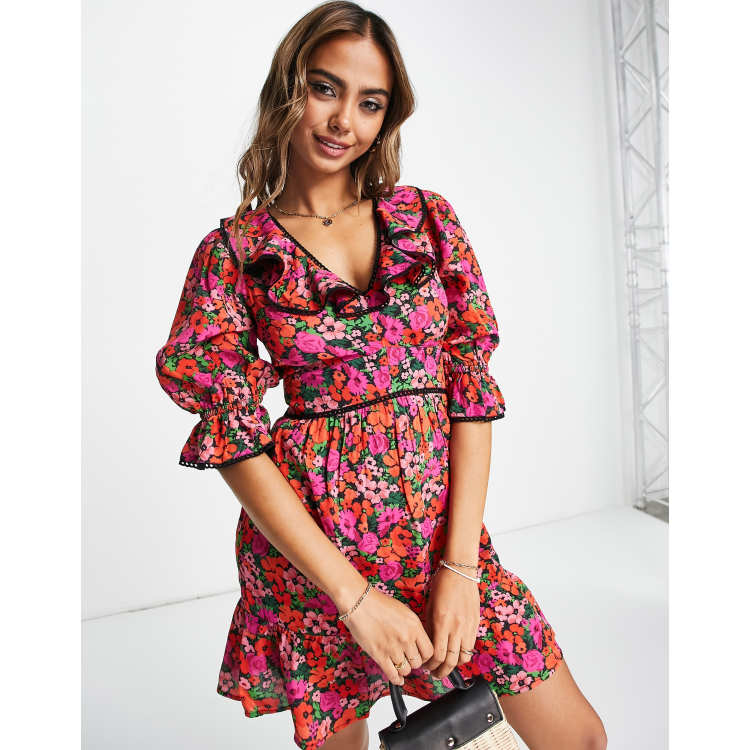 Miss Selfridge trim detail ruffle mini tea dress in multi cluster floral ASOS