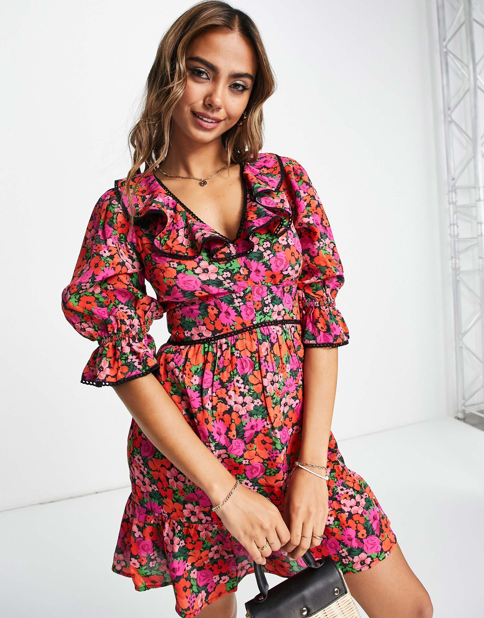 miss selfridge trim detail ruffle mini tea dress in multi cluster floral