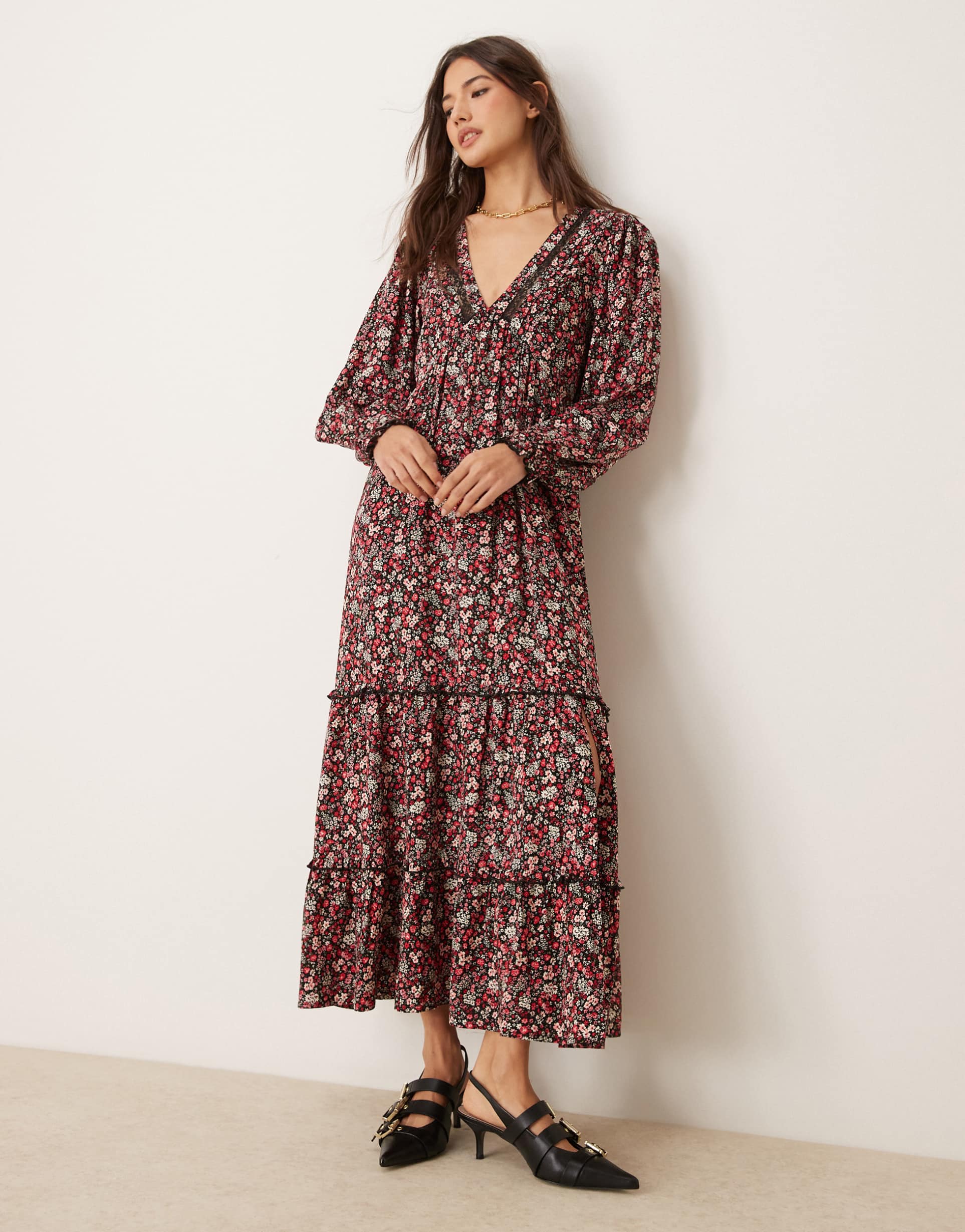 miss selfridge trimmed maxi dress in multi print