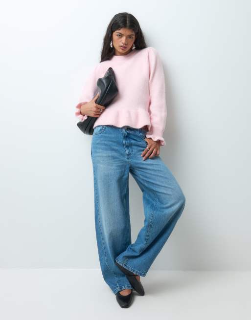 Miss Selfridge tröja med puffärmar och peplum i rosa, 2 av 5