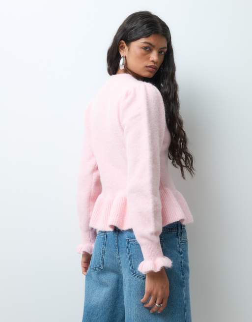 Miss Selfridge tröja med puffärmar och peplum i rosa, 4 av 5