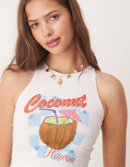 Miss Selfridge tropical coconut graphic racer neck top in natural, 3 of 4