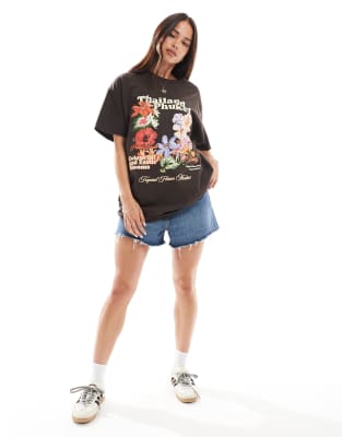 Miss Selfridge Tropical Thailand Summer Oversized Tee In Black