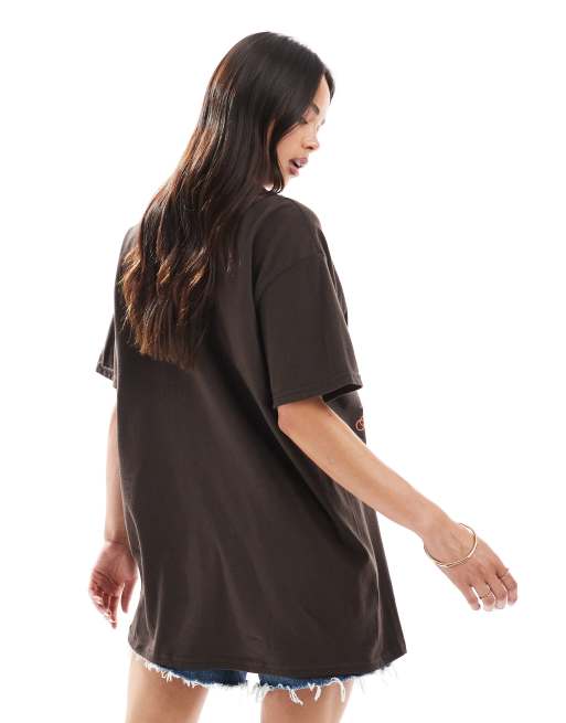 Miss Selfridge tropical Thailand summer oversized tee in chocolate, 3 of 4