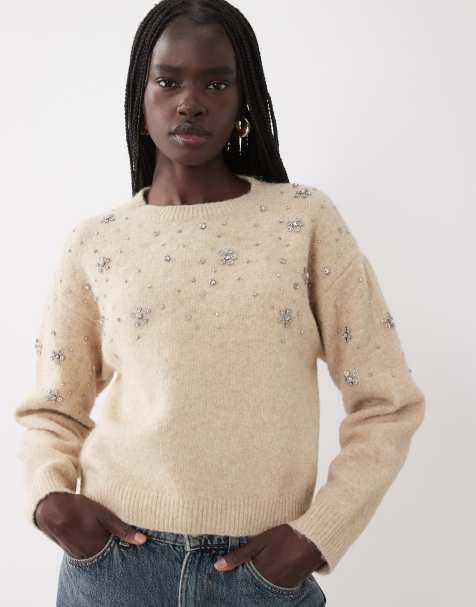 Miss Selfridge trui met bloemen en kralen in havermoutkleur - view 1