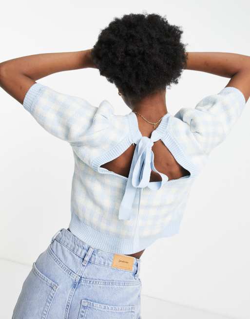 Miss Selfridge - Trui met korte pofmouwen en open achterkant in gingham ruit 