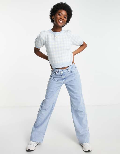 Miss Selfridge - Trui met korte pofmouwen en open achterkant in gingham ruit , 2 van 4