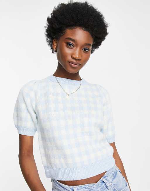 Miss Selfridge - Trui met korte pofmouwen en open achterkant in gingham ruit , 3 van 4