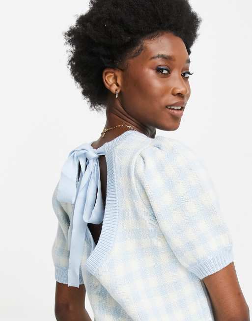 Miss Selfridge - Trui met korte pofmouwen en open achterkant in gingham ruit , 4 van 4
