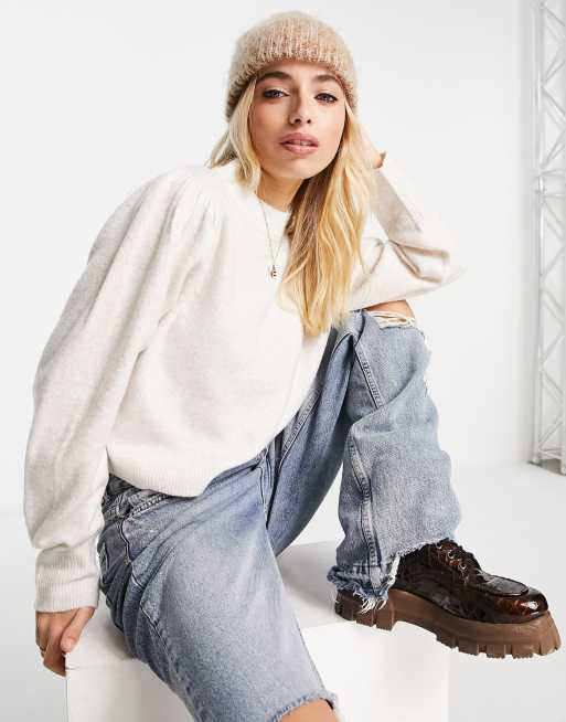Miss Selfridge - Trui met pofmouwen in lichtbeige - STONE