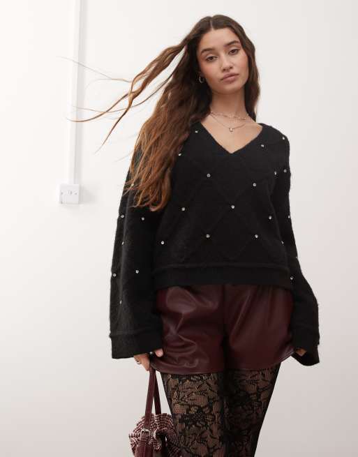 Miss Selfridge - Trui met wijde mouwen en versiering in diamantvormig patroon in zwart