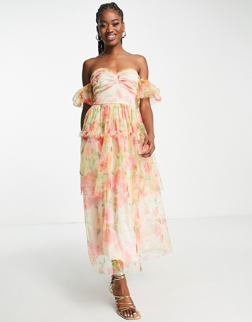 Miss Selfridge tulle twist front maxi dress in multicolor floral