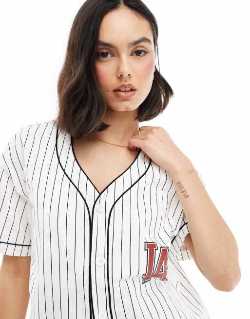 Miss Selfridge - Tunique de baseball à imprimé Los Angeles 91 - Bleu et blanc rayé, 4 de 4