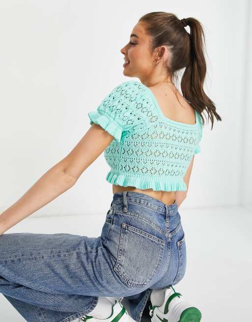 Miss Selfridge - Turkisblå top med firkantet hals i pointelle-strik, 3 af 4