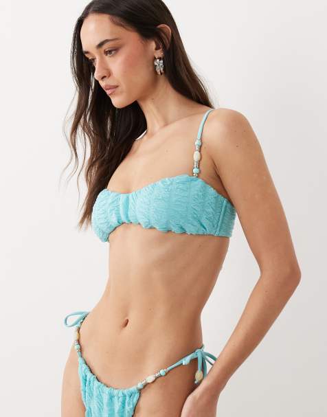 Miss Selfridge – Turkusowe fakturowane bikini ze sztucznymi perełkami - view 1