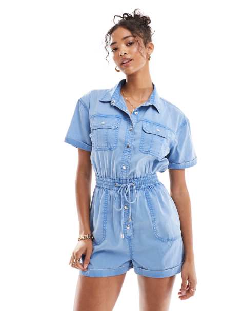 Miss Selfridge - Tuta corta blu lavaggio acido multitasche - view 1