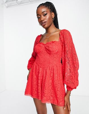 Miss Selfridge lace tie front playsuit in red - ASOS Price Checker