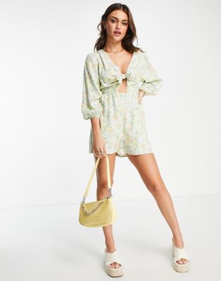 Miss Selfridge bunny tie front playsuit in green retro floral  - ASOS Price Checker