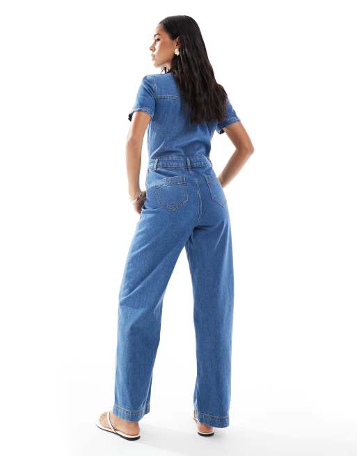 Miss Selfridge - Tuta jumpsuit di jeans a maniche corte lavaggio medio, 2 di 4
