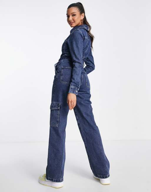 Miss Selfridge - Tuta lunga cargo in denim lavaggio blu scuro, 2 di 4