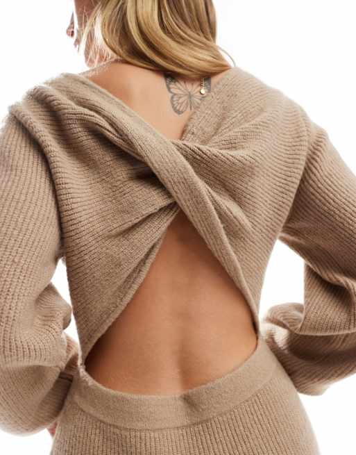 Miss Selfridge twist back cozy knit maxi dress in mushroom