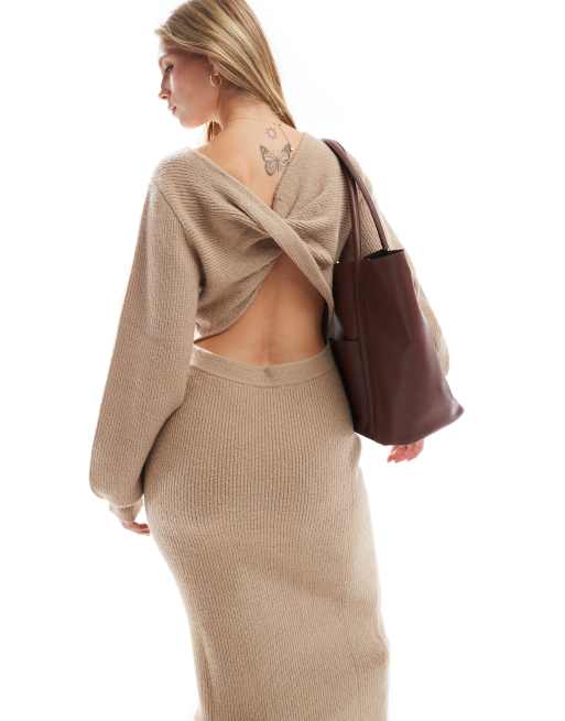 Miss Selfridge twist back cozy knit maxi dress in mushroom