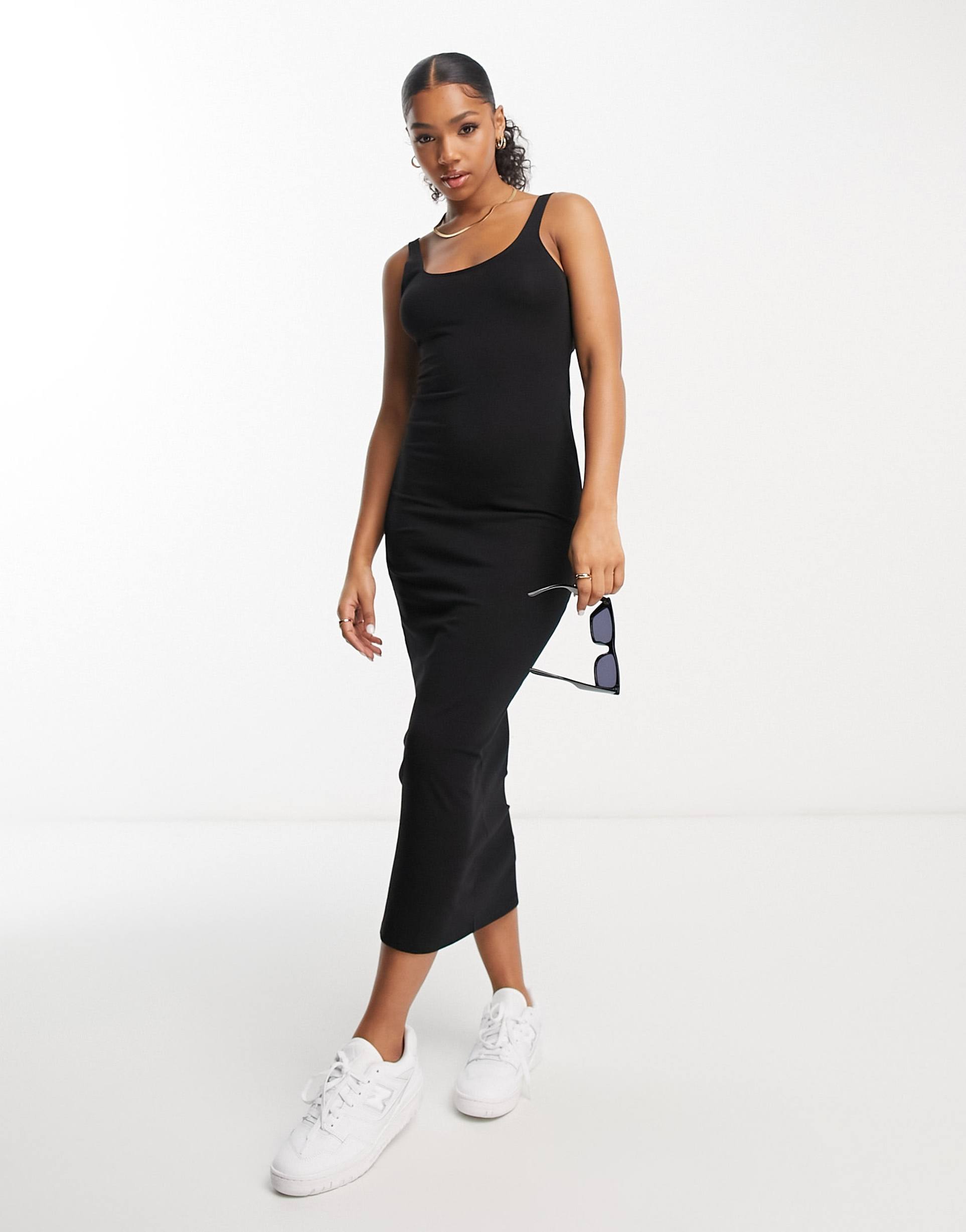 miss selfridge twist back scoop midi dress in black