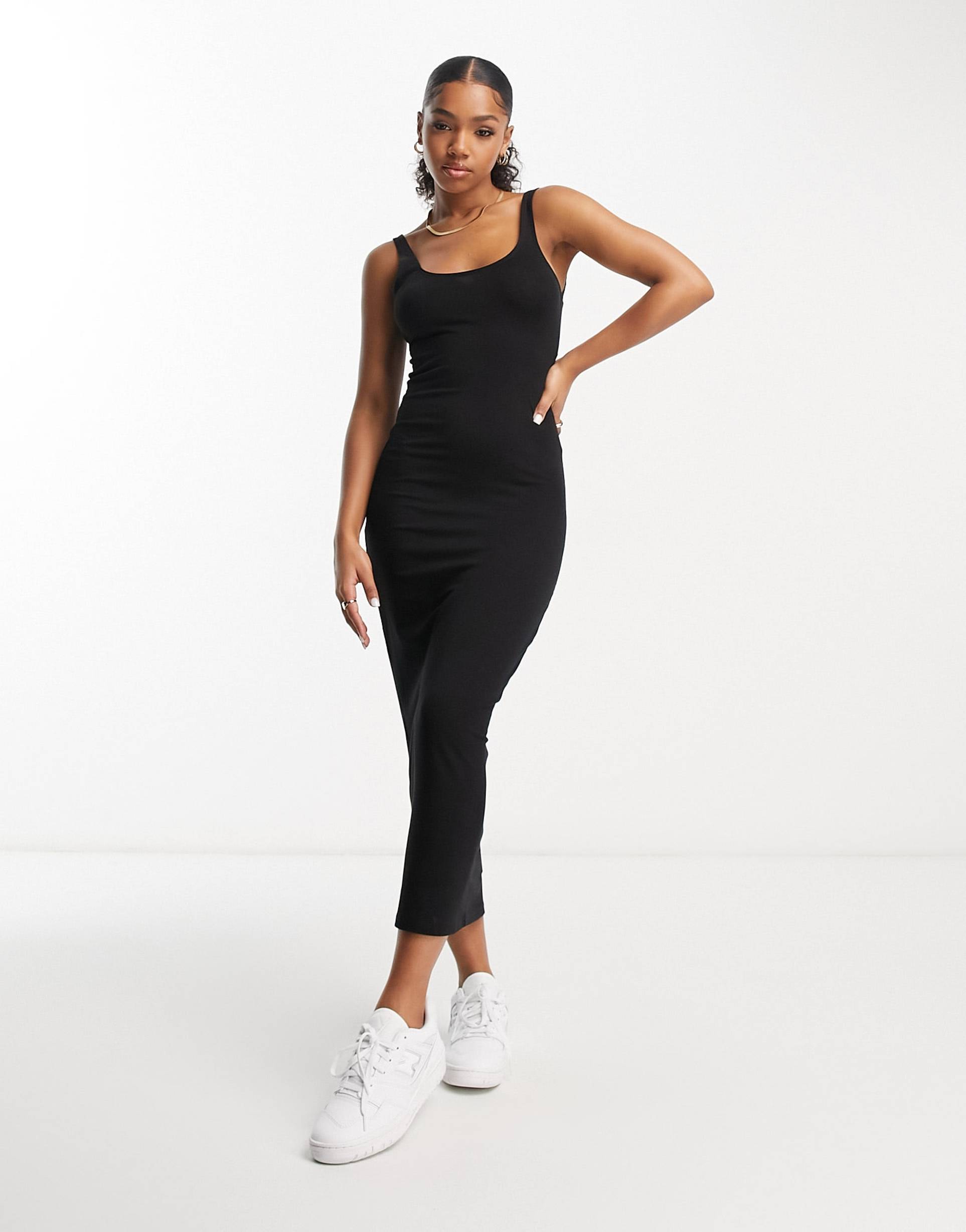 miss selfridge twist back scoop midi dress in black