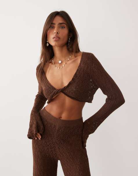 Miss Selfridge twist detail long sleeve crochet top in chocolate - view 1