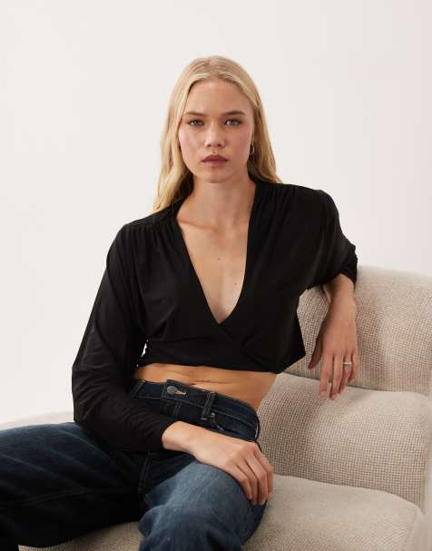 Miss Selfridge twist front long sleeve top in black - view 1